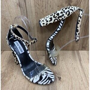 Steve Madden Women's Carrson Leopard Zebra Cow Hair Heels Black White Size 6.5 M